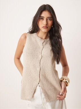 ASOS Knit Crew Neck Longline Textured Vest in Oatmeal